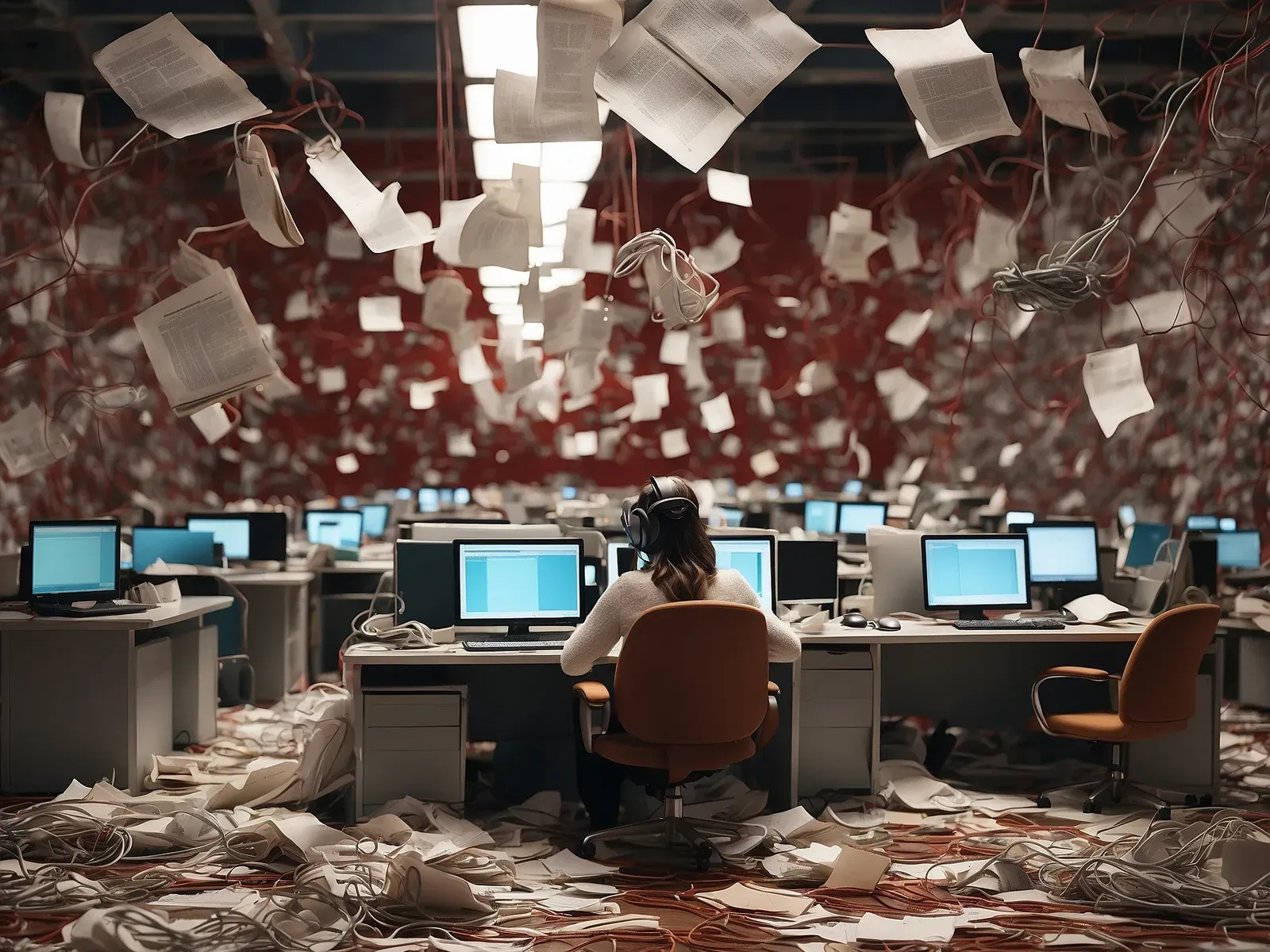 Chaotic office scene with papers flying and tangled cables amid working computers symbolizing AI content disruption