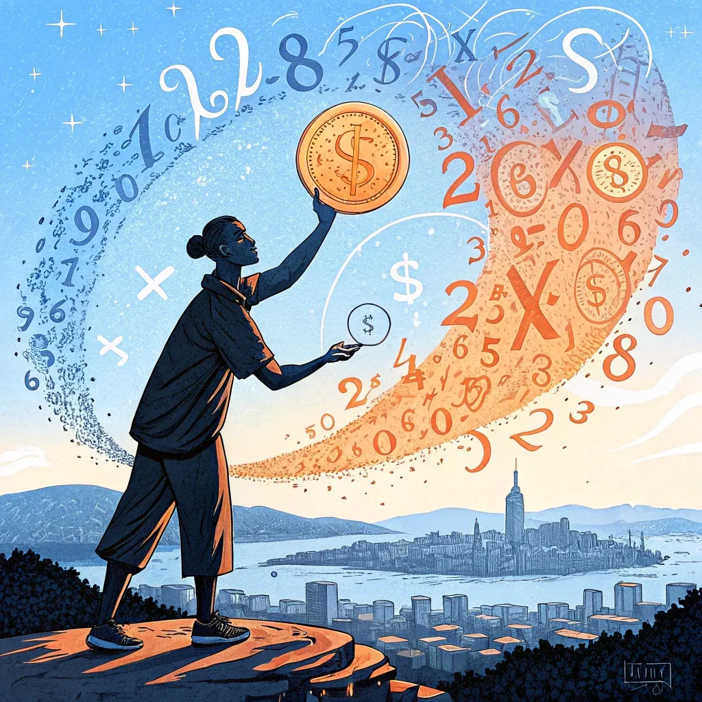 Abstract image of a person on a coin standing amidst swirling numbers and cityscape, symbolizing startup financial planning.