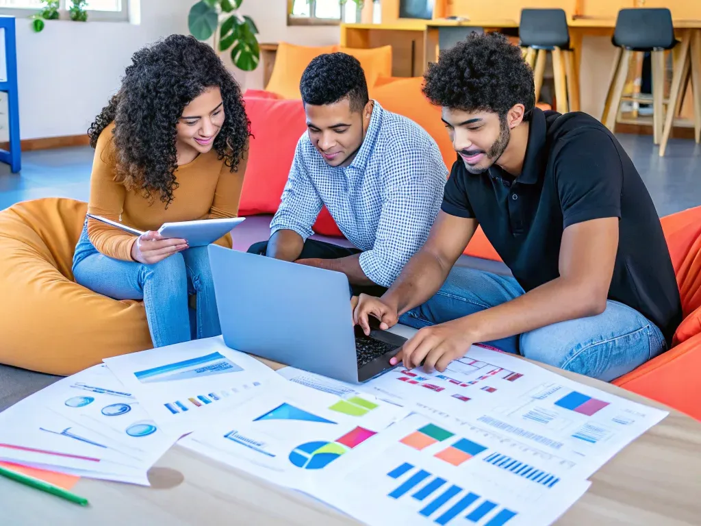 Startup team collaborating over financial documents in a modern coworking space