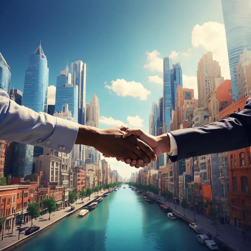 Illustration of two businessmen shaking hands over a bustling cityscape with modern buildings and a river