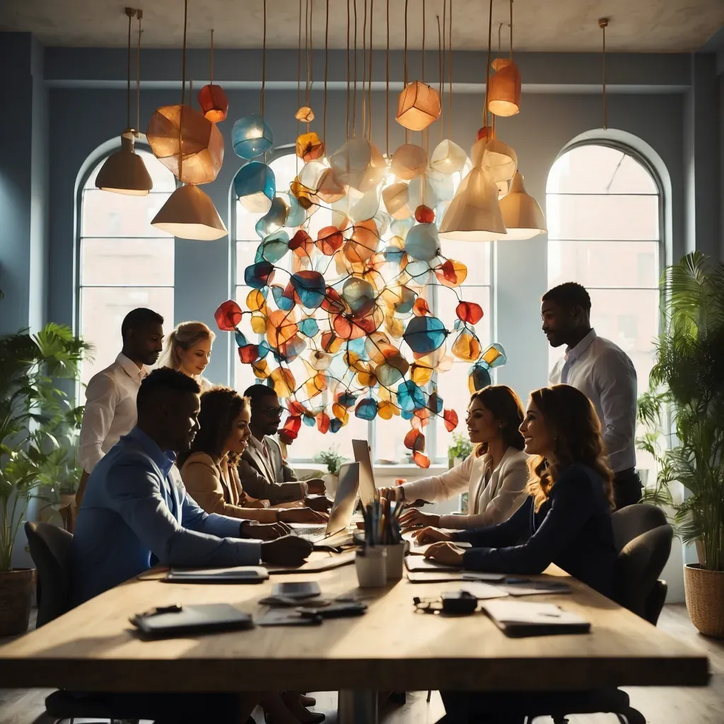 A diverse group of business professionals engaged in a meeting under a colorful cluster of pendant lights