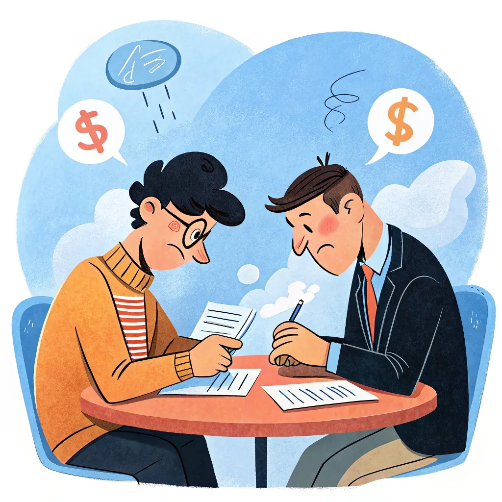 Two entrepreneurs immersed in a discussion over legal documents with thought bubbles showing symbols like a spinning head and a dollar sign, conveying their stress and financial considerations.