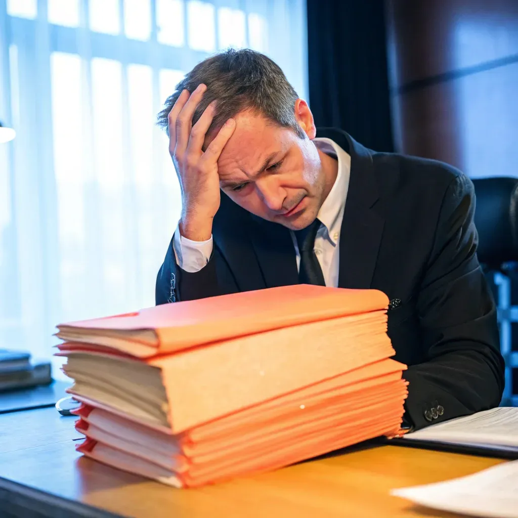 Stressed entrepreneur overwhelmed by legal paperwork
