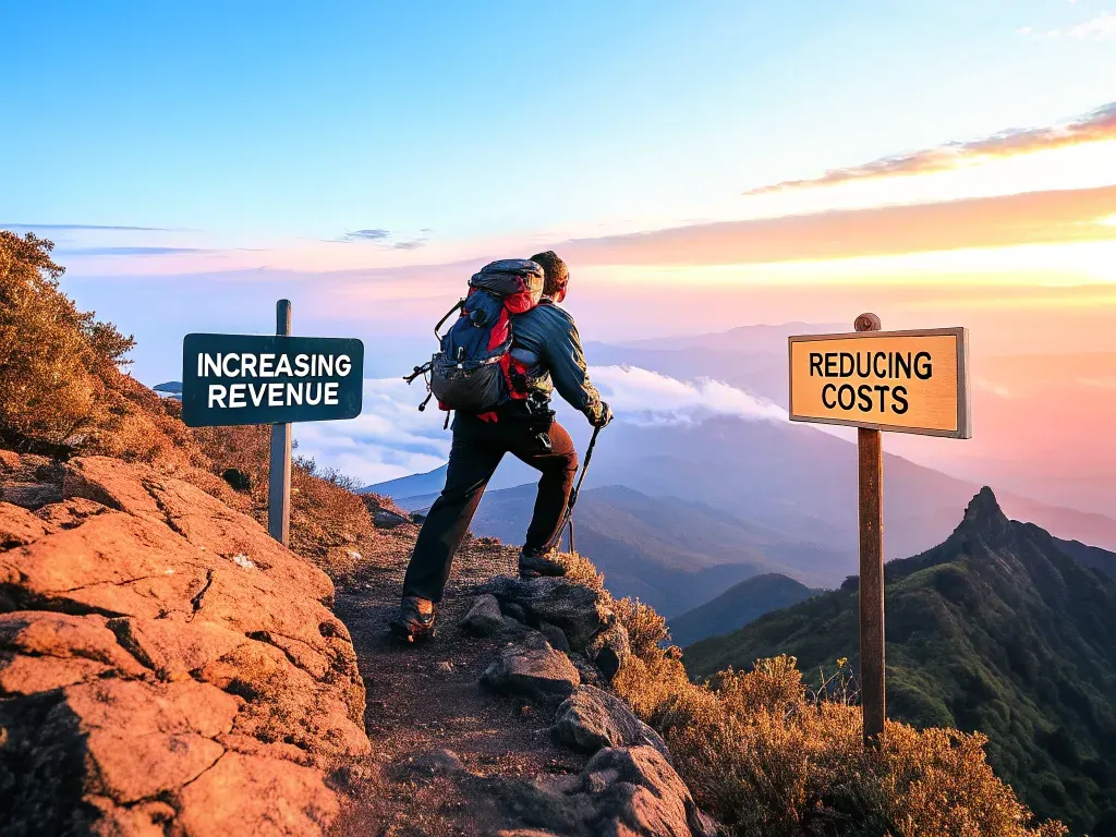 A hiker at a mountain summit with two directional signs reading Increasing Revenue and Reducing Costs
