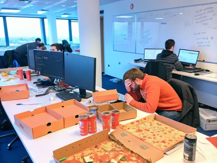 A chaotic office scene with stressed-out developers surrounded by empty pizza boxes and energy drink cans, emphasizing the frantic nature of tech work.