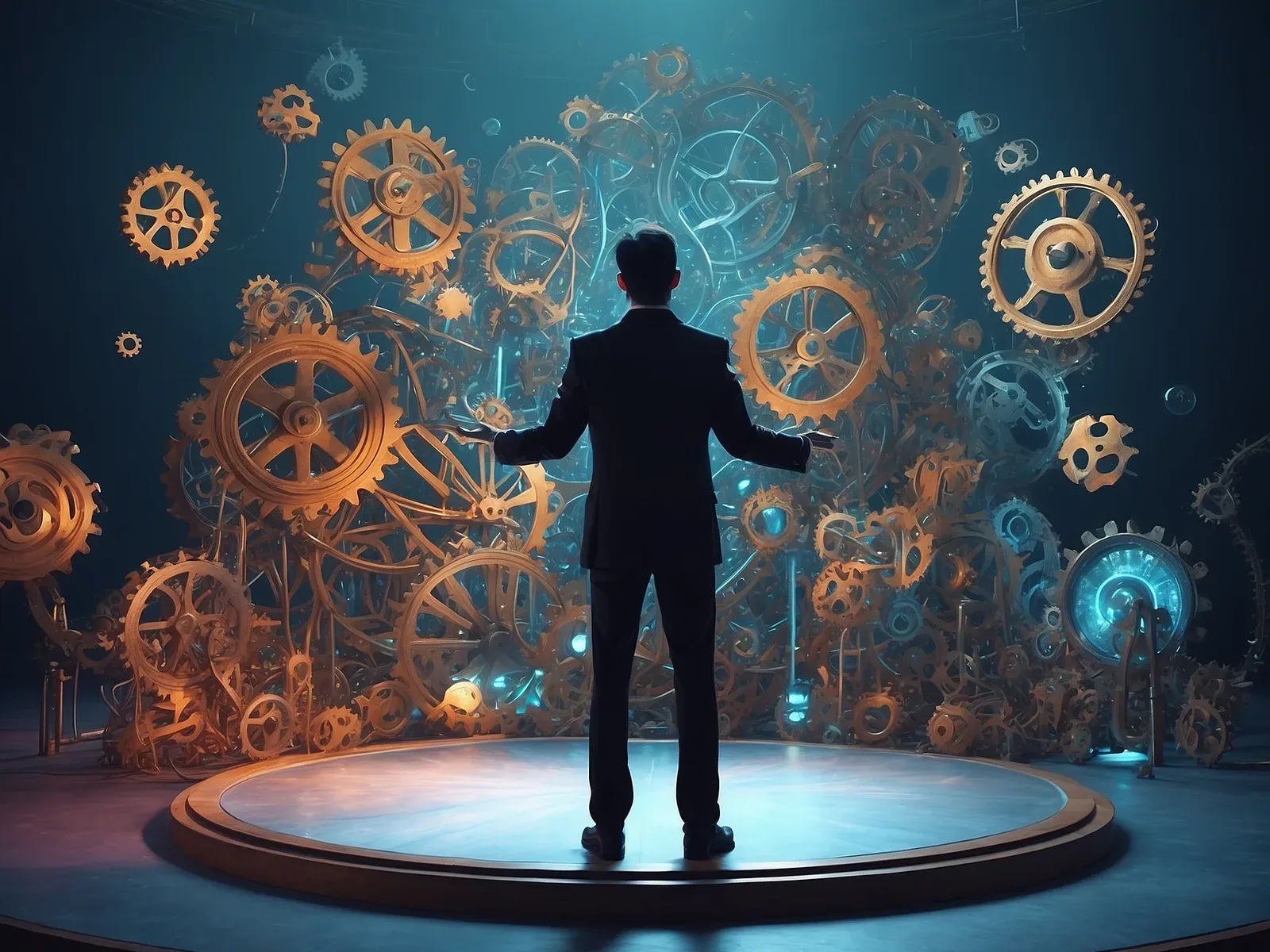 Product manager surrounded by floating gears and cogs symbolizing innovation and strategic planning
