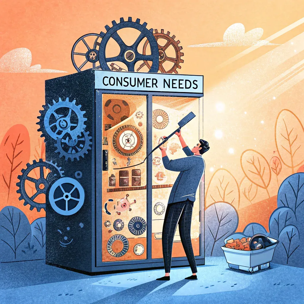 Illustration of a man examining a large vending machine labeled 'CONSUMER NEEDS' filled with gears and diverse products