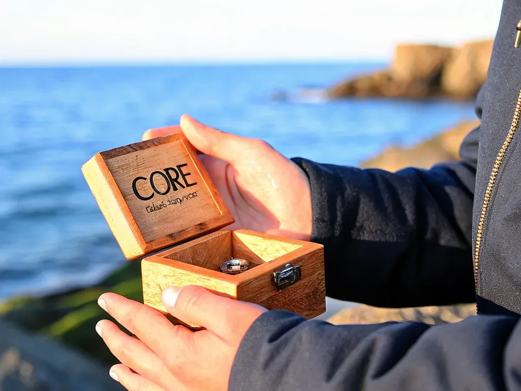 Person holding a wooden box labeled CORE with a symbolic item inside by the seaside