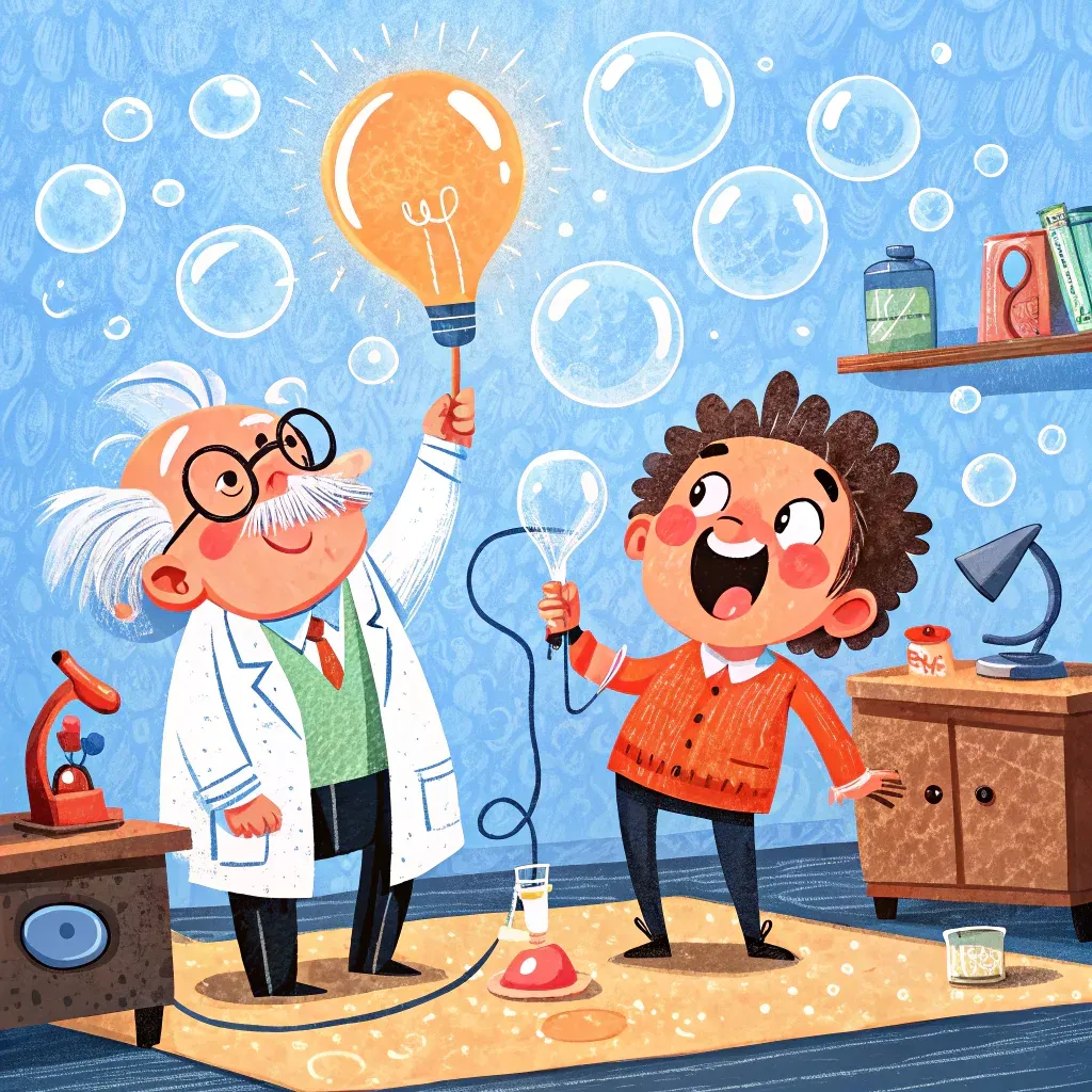 Illustration of a young inventor and an elderly scientist in a lab, with a large glowing lightbulb signifying a breakthrough innovation