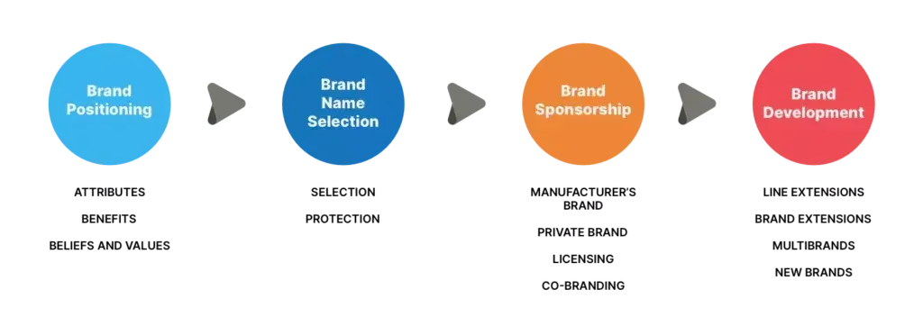 Infographic showing the branding decision process: Brand Positioning, Brand Name Selection, Brand Sponsorship, and Brand Development.