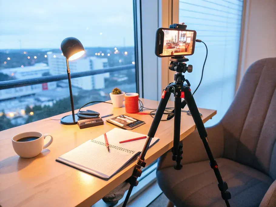 Minimalist home office setup with smartphone on a tripod and warm lighting.