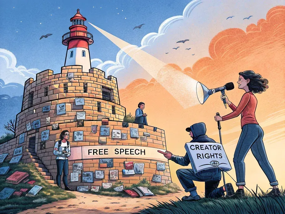 A comic book-style fortress representing independence in the creator economy, built from books, microphones, and keyboards.
