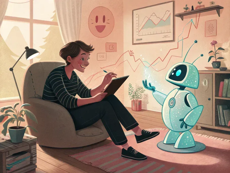 A person sitting comfortably in a chair, engaging with a friendly holographic AI assistant in a modern living room.