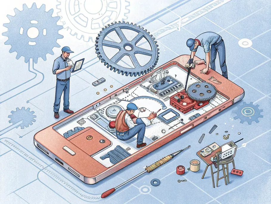 Cutaway illustration of a smartphone refurbishment process with workers inspecting and repairing components in a futuristic workshop.