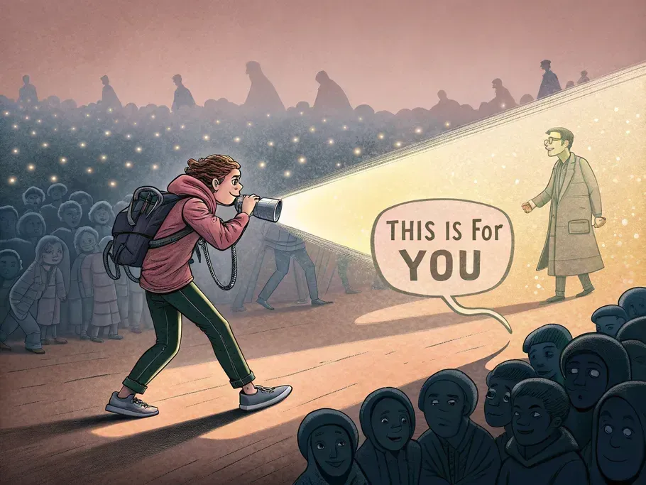 A vibrant illustration showing the contrast between broad social media targeting and niche targeting, with a focused individual illuminated amidst a blurred crowd.
