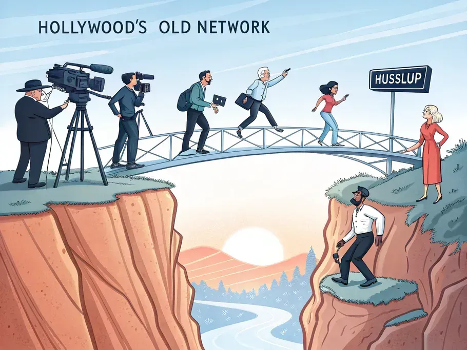 A diverse group of creative professionals crossing a bridge labeled 'Husslup' from Hollywood's Old Network to modern production companies.