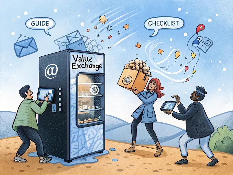 A whimsical illustration of a 'Value Exchange' vending machine dispensing a digital gift box in exchange for an email address, with excited social media followers in a digital landscape.