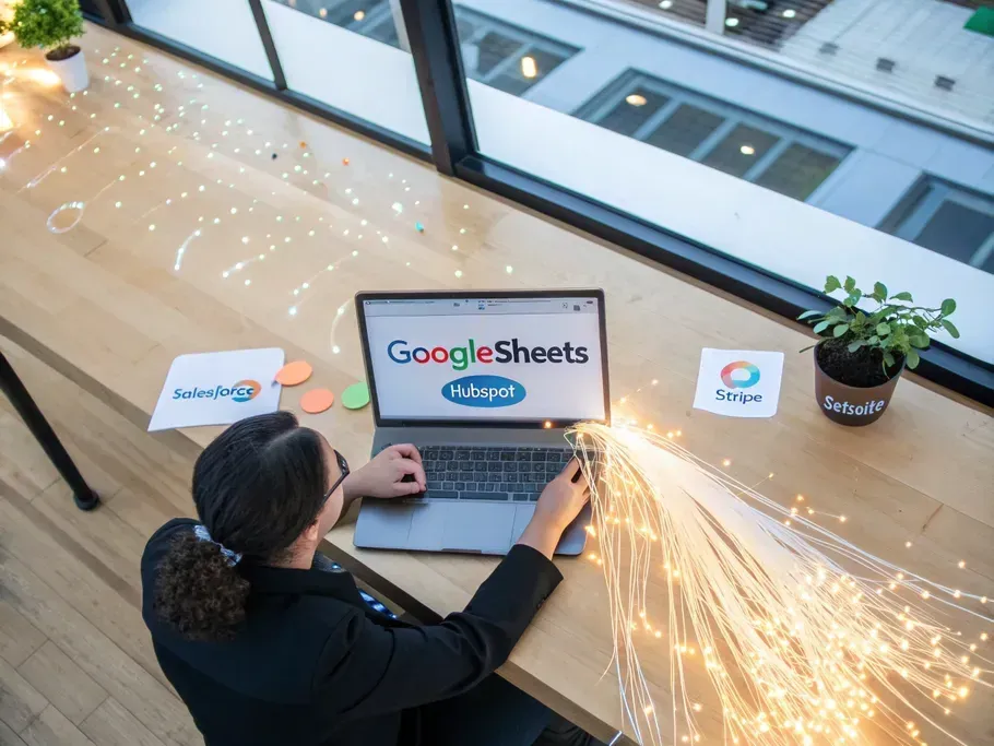 A modern desk with an open laptop displaying Google Sheets, surrounded by glowing fiber-optic cables connecting to business software icons.