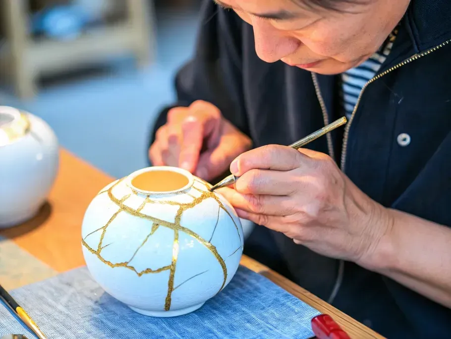Hands mending a ceramic pot with golden Kintsugi-style repairs, symbolizing resilience in customer relationships.