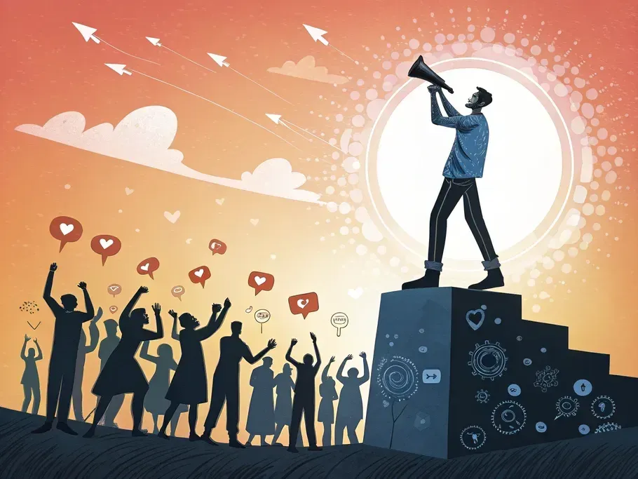 Illustration of a confident figure on a podium, surrounded by smaller silhouettes, representing engagement and communication in social media.