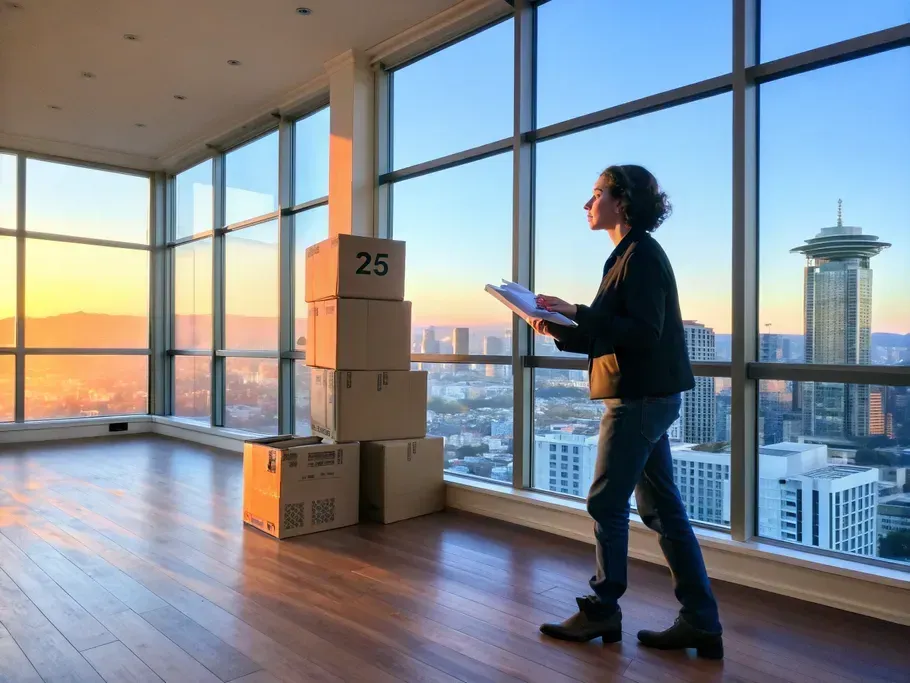 A young professional standing in an empty apartment with San Francisco skyline and cardboard moving boxes at golden hour.