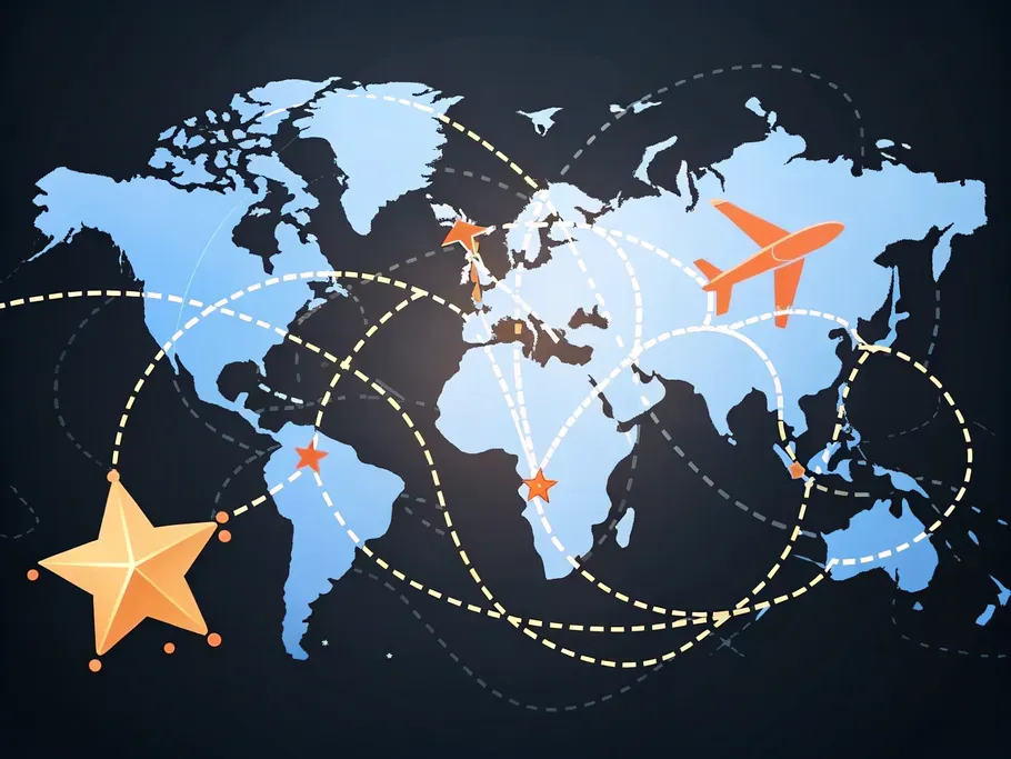 Minimalist line art world map with highlighted destination and flight paths.