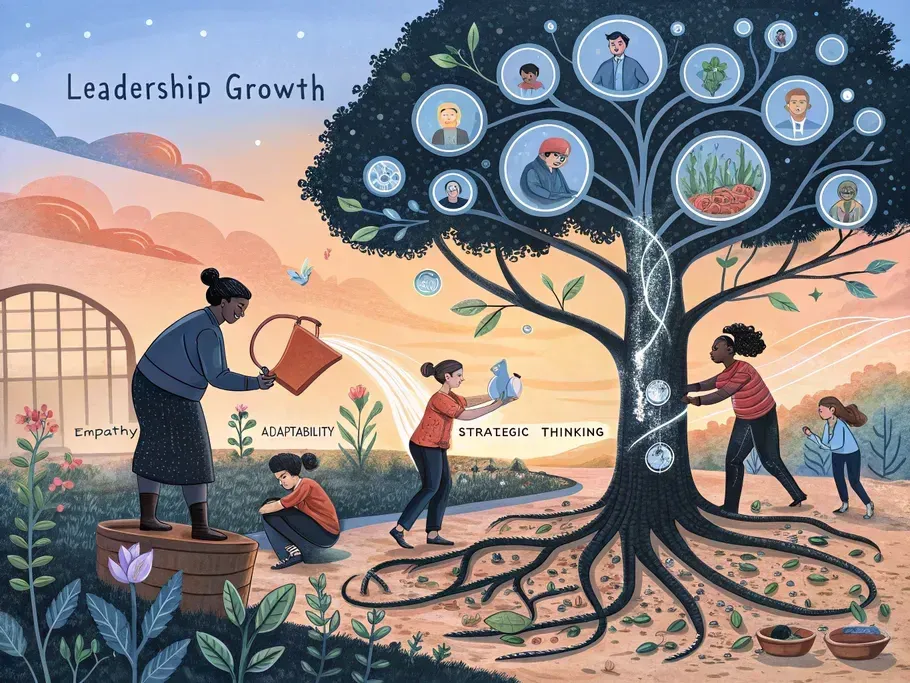 An imaginative illustration of an organic garden symbolizing leadership transformation, featuring a central tree with one-on-one coaching and group workshops visualized in glowing orbs.
