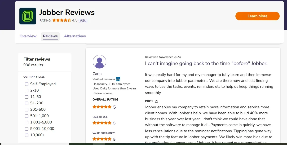 As a result of using Jobber, a user reported 40% business growth