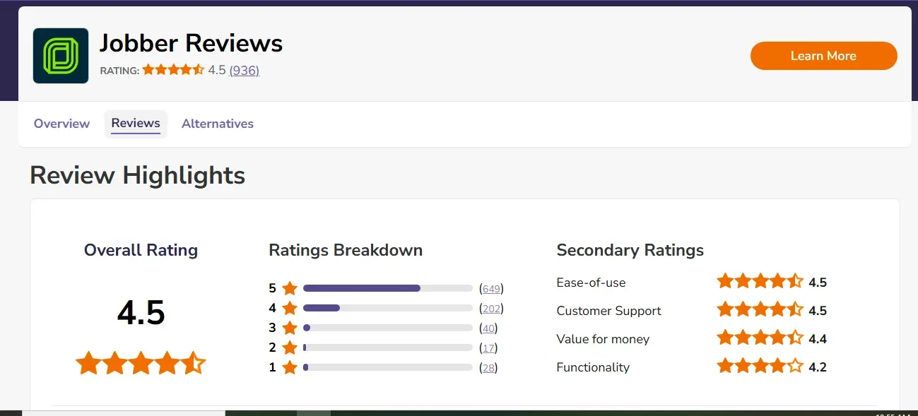 The high ratings of Jobber show user confidence on the platform
