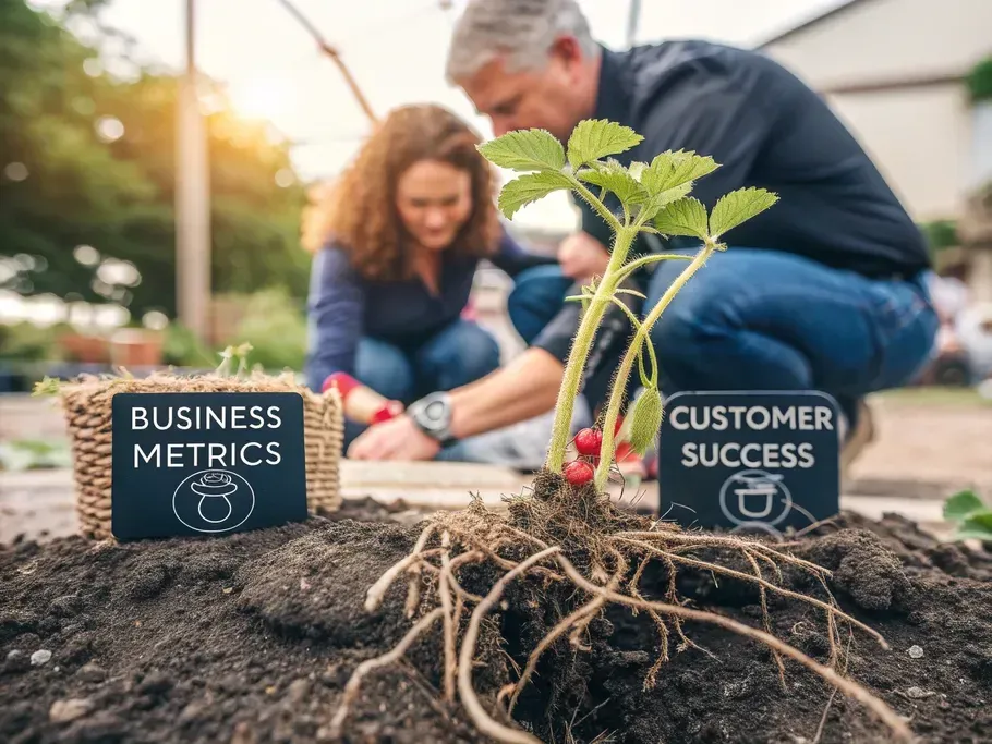 Macro photograph of two intertwined plants labeled 'Business Metrics' and 'Customer Success' with visible roots, symbolizing the connection between inbound marketing and relationship marketing.