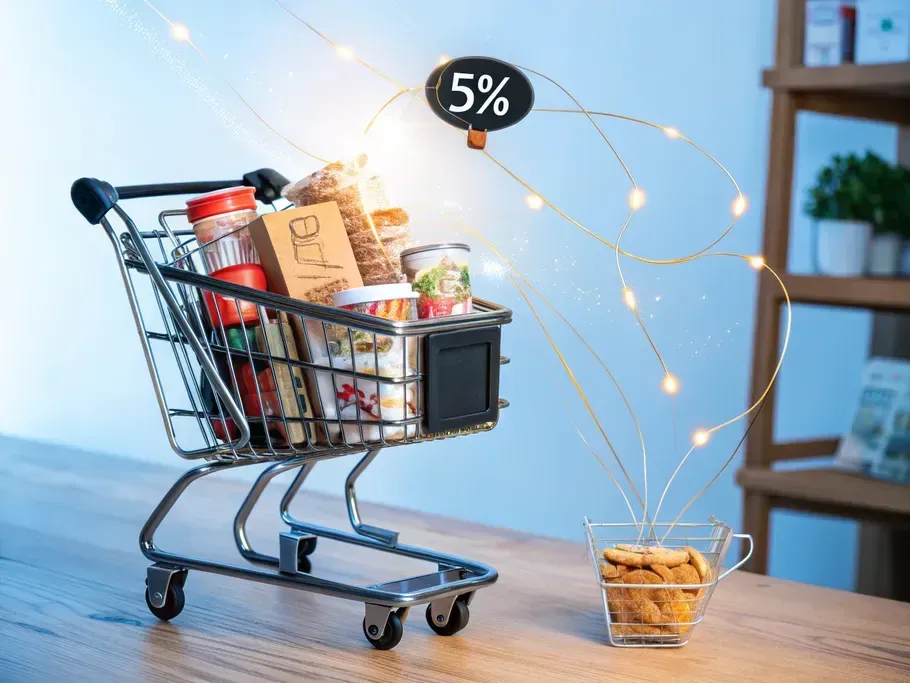 Futuristic shopping cart floating with items representing various store types and a 5% badge.