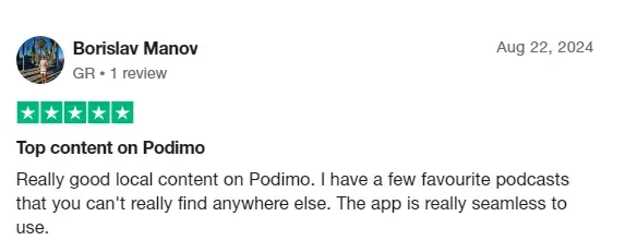 Podimo customer review from TrustPilot