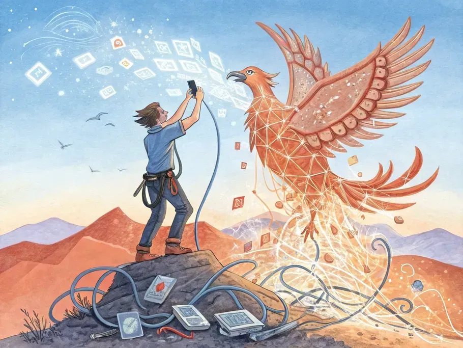 A phoenix rising from a collage of outdated networking tools, symbolizing rebirth through creative networking and innovation.