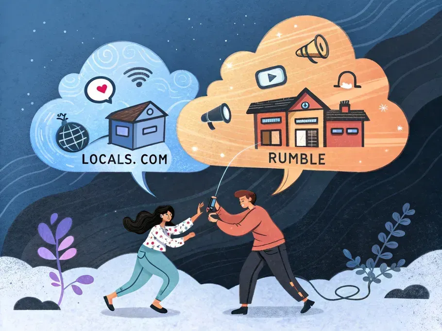 An illustration depicting the merging of Locals.com and Rumble with icons representing community and video creation.