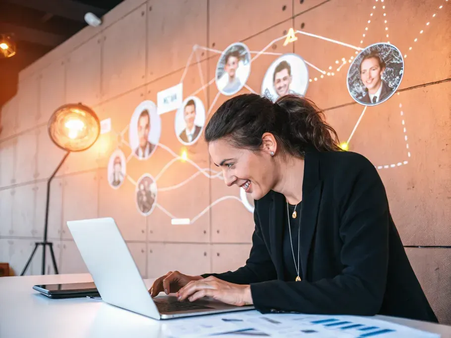 A determined young entrepreneur at a modern desk, surrounded by holographic customer profiles and glowing relationship metrics.