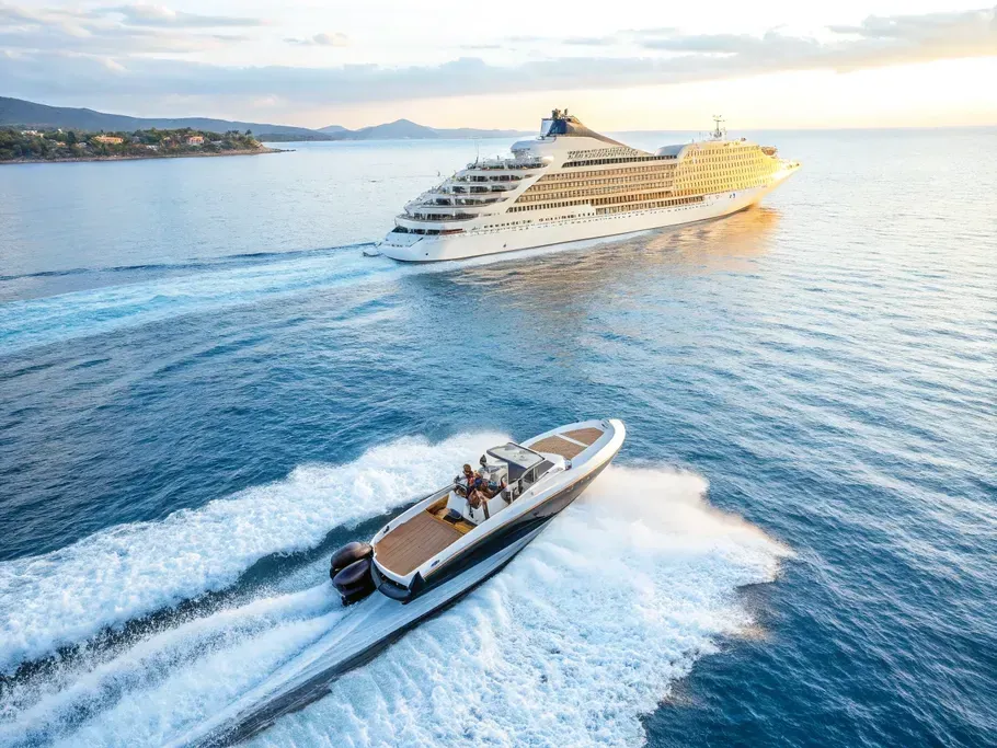 Aerial view of a luxury cruise ship and a modern speedboat in a blue ocean during golden hour.