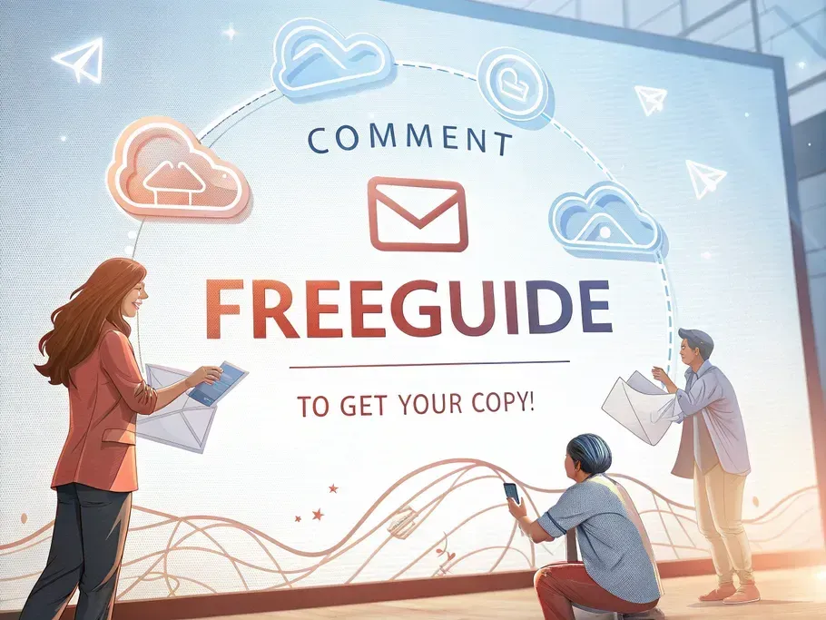 An engaging scene of a digital interface showcasing a social media post encouraging users to comment 'FREEGUIDE' for a lead magnet.