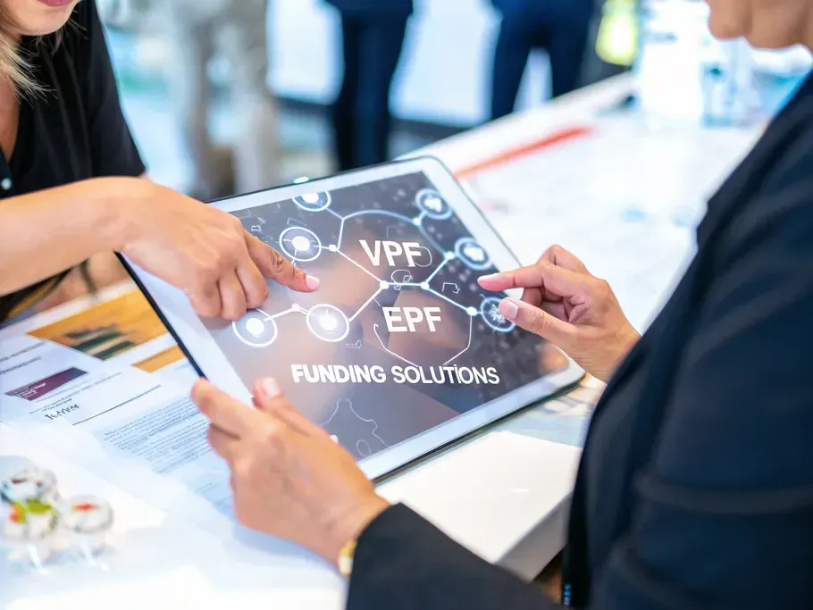 Close-up of hands interacting with a holographic tablet displaying funding solutions and investment vehicles.