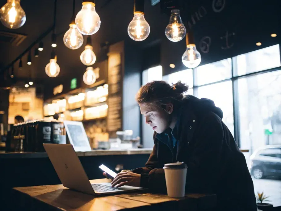 A person in a coffee shop intensely focused on their laptop, with warm light illuminating their face and lightbulbs floating around.
