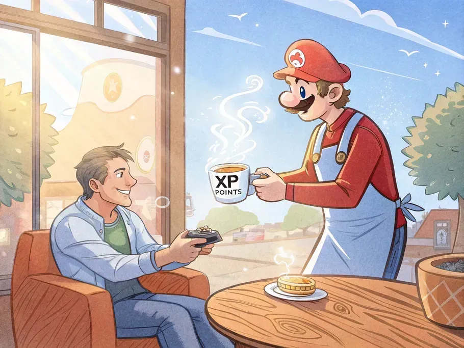 A humorous illustration of a gamer receiving a cup labeled 'XP Points' in a cozy café from a barista dressed as a popular video game character.