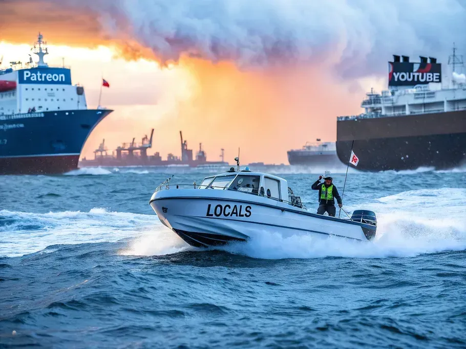 A small speedboat labeled 'LOCALS' navigating through choppy waters, with large ships representing platforms like Patreon and YouTube in the background.