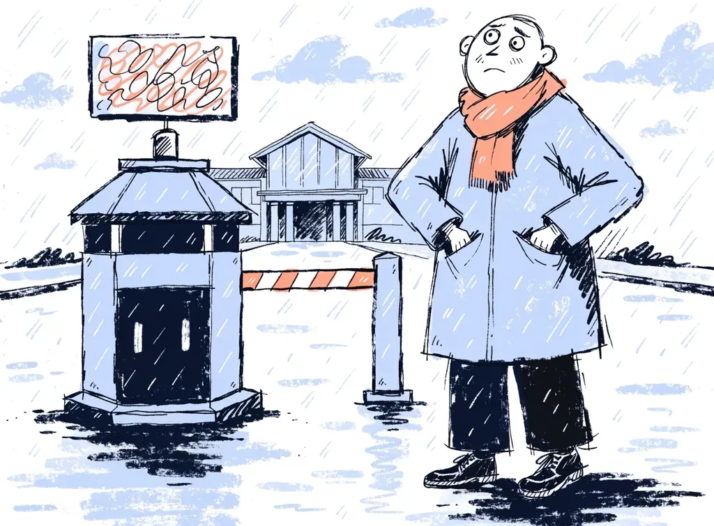 A puzzled man with his hands in his empty pockets stands at a lowered toll barrier; the sign above the booth is an unreadable scribble, and the building he came for waits behind it.