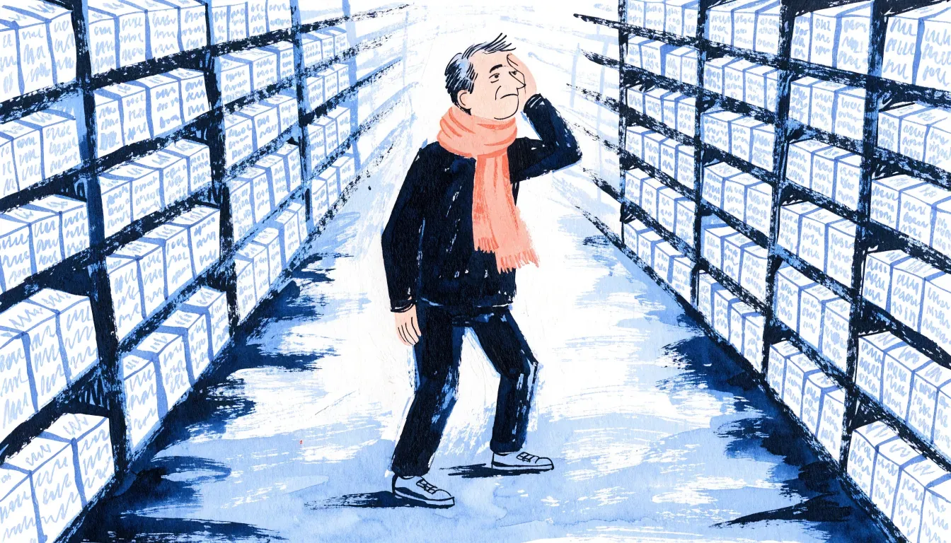 A man with a migraine stands in a pharmacy aisle between endless shelves of identical white boxes marked only with chemical formulas.