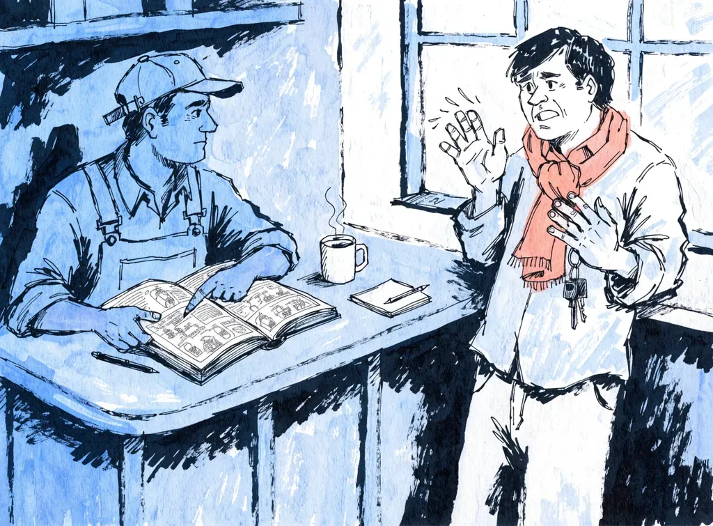Across a repair-shop counter, a mechanic points at a thick technical manual while the customer, car keys in hand, waves his hands to imitate the strange noise his car makes.