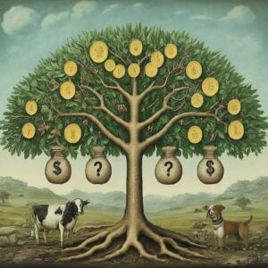 A metaphorical money tree with various currency symbols on coins and in sacks suspended from its branches, set in a pastoral landscape with livestock.