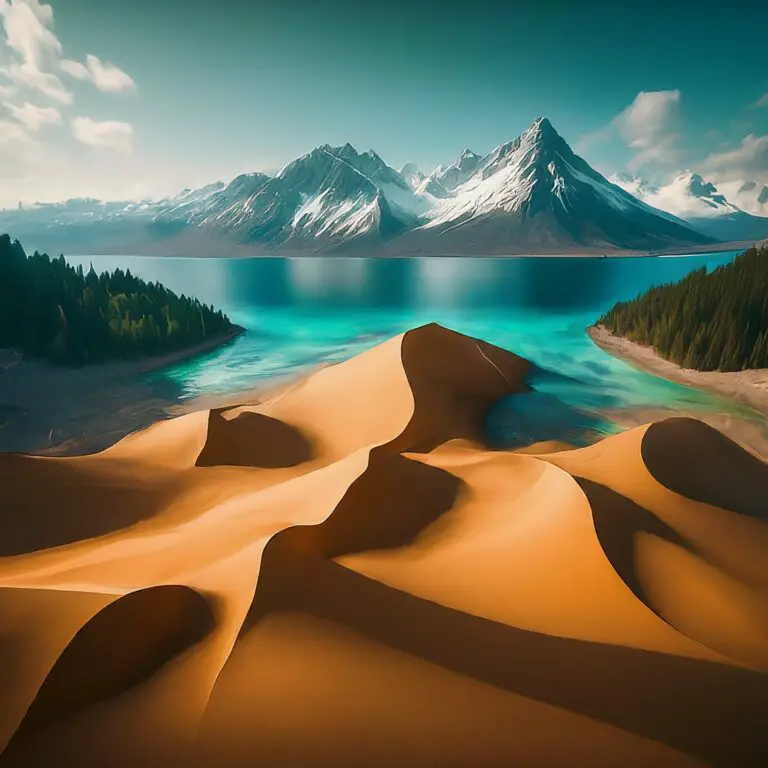 Surreal landscape with desert dunes against a backdrop of snowy mountains and a clear lake, evoking the SWOT analysis concept.