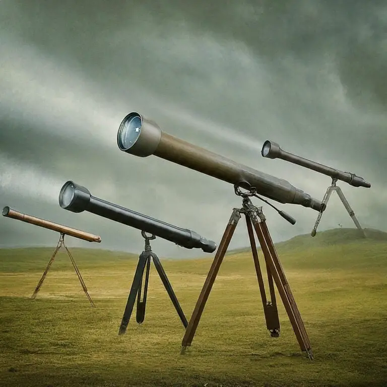 Vintage telescopes pointing in various directions on a stormy landscape, representing different marketing management orientations.