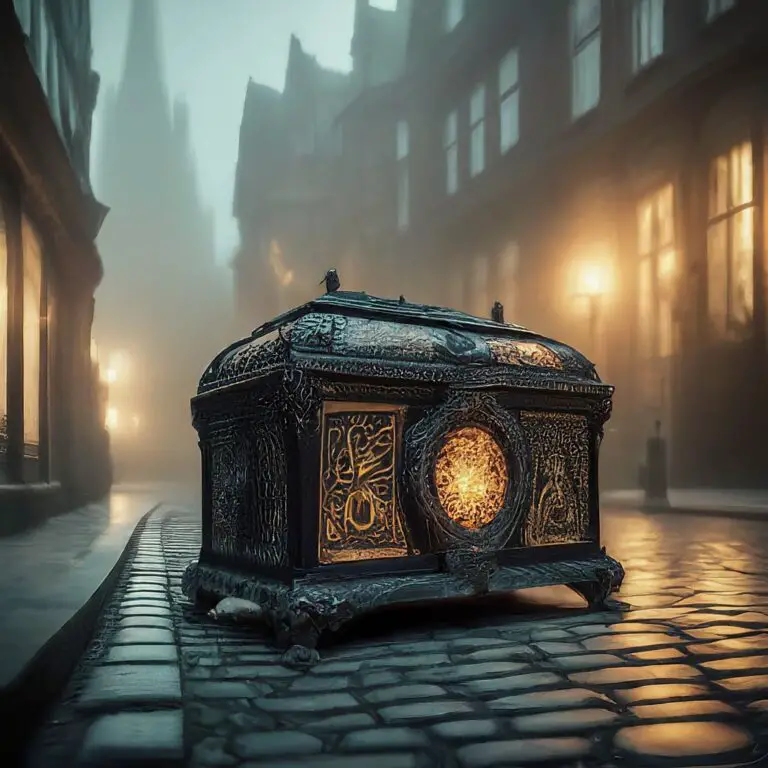 An ornate box glowing on a foggy, cobblestoned street, symbolizing the buyer decision process.