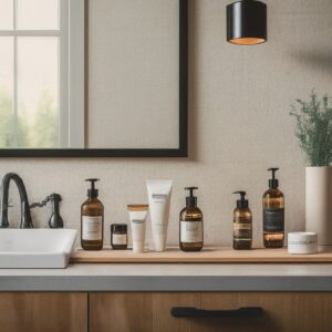 Product line of branded bathroom products neatly arranged on a wooden shelf.