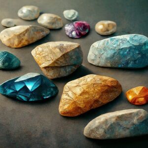 Various rough stones and a polished gemstone representing cost-based pricing in product valuation.